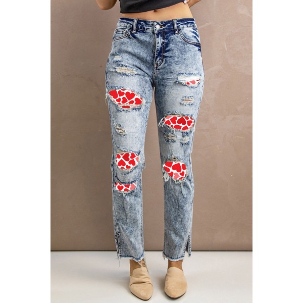 Sky Blue Valentine Heart Print Patchwork Distressed Slim-fit Jeans Sky Blue Valentine Heart Print Patchwork Distressed Slim-fit Jeans