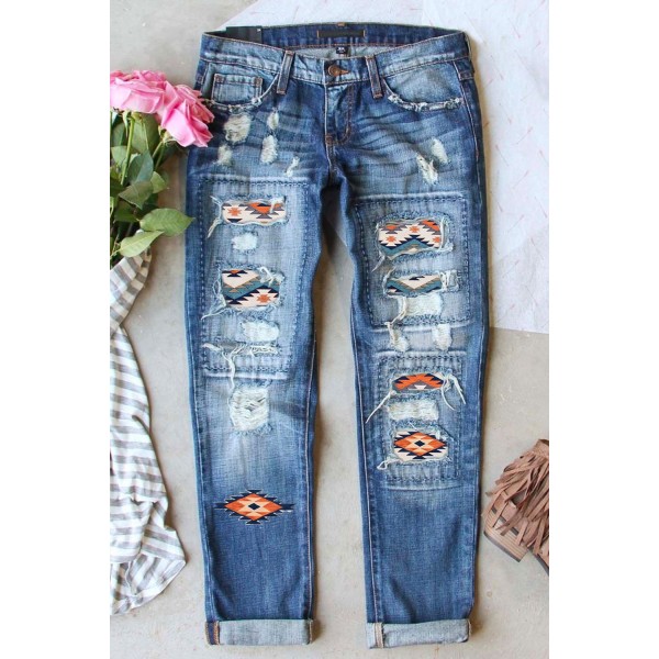 Sky Blue Western Aztec Pattern Splicing Distressed Jeans Sky Blue Western Aztec Pattern Splicing Distressed Jeans